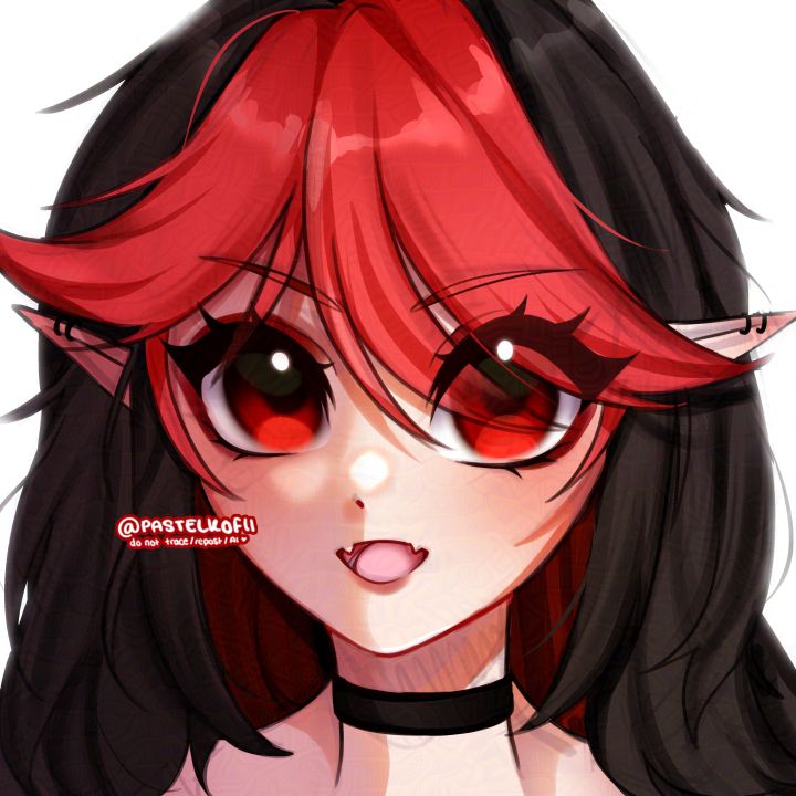 A rough sketch style icon for vtuber Ruby Aranae. Commissioned by @tobnikk. Ruby's design has red and black hair, elf ears, piercings and red eyes with fair skin. She is wearing a choker too. Art by @pastelkofii, reposting, tracing or use with AI is not allowed. 