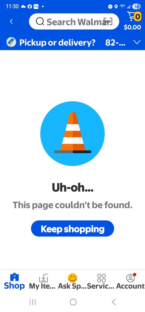 Walmart website has blue dot with an orange construction cone. Words say "Uh oh, this page couldn't be found. Keep shopping. 