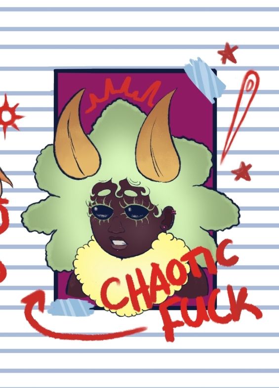 Esther-Rose Ambrosia character design/creation by @crimbloblin.bsky.social (Crow)

Banner art by @look4stars.bsky.social (Thanatos)

A digital drawing of a bust-up drawing of Esther-Rose, a moth woman with dark brown/black skin, black eyes, light green afro style hair in a leaf or star shape, light green eyelashes and eyebrows, light luminescent yellow neck/chest floof, and orange/yellow/brown moth antenna. The drawing is made to look like a burn book or year book, her photo cut out and taped onto lined notebook paper with red ink graffiti over it. The graffiti says "chaotic fuck" with an arrow pointing towards her- as well as doodles of a sewing needle and stars