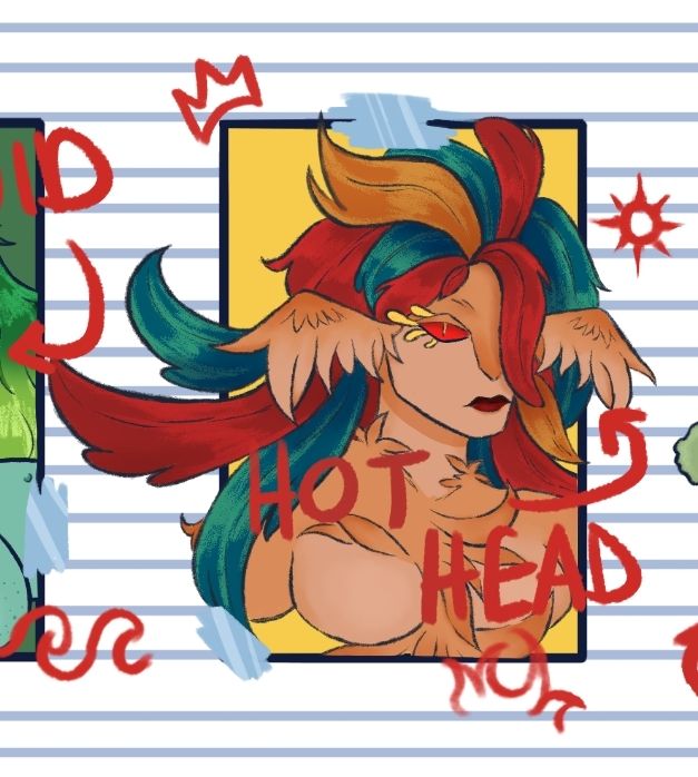 Fotiá Hesios character design/creation by @beelzara.bsky.social (Bee)

Banner art by @look4stars.bsky.social (Thanatos)

A digital drawing of a bust-up drawing of Fotiá, a phoenix creature with a tan feathered body, red eyes, yellow feather eyelashes, small wings for ears, and a multicolored green/blue yellow and red feather hair. The drawing is made to look like a burn book or year book, their photo cut out and taped onto lined notebook paper with red ink graffiti over it. The graffiti says "hot head" and has doodles of flames, a sun, and a crown