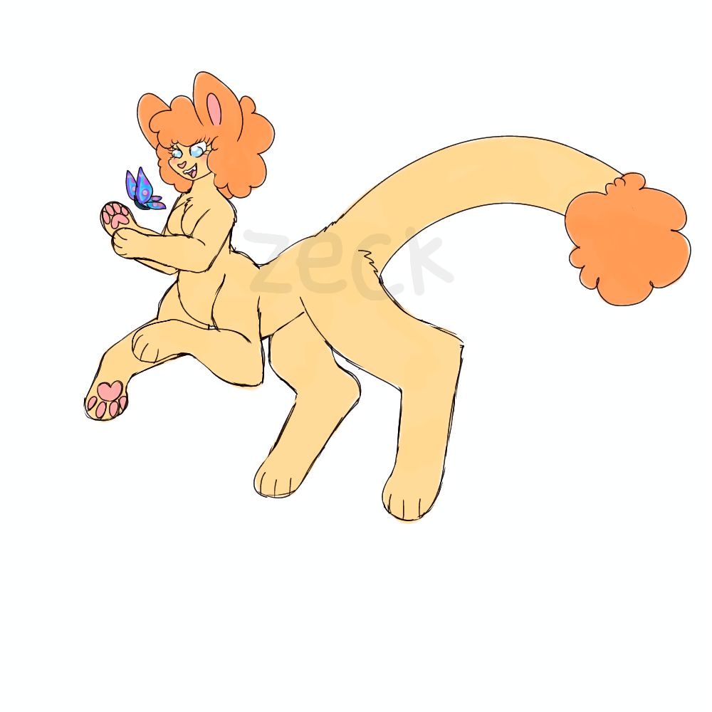 A digital art piece of Muffkin, the maned lioness, as a centaur trying to catch a purple butterfly. Made by me, Zeck, on BlueSky.