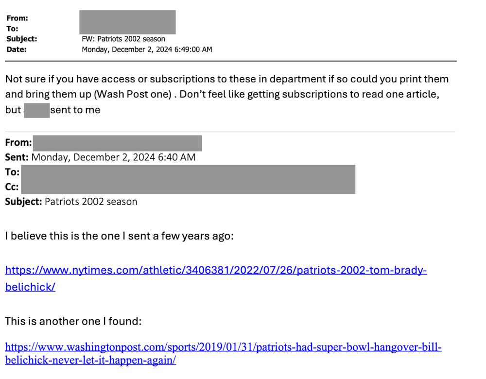Emails to ACC coach about Bill Belichick, and coach's response asking for them to be printed out for him. 