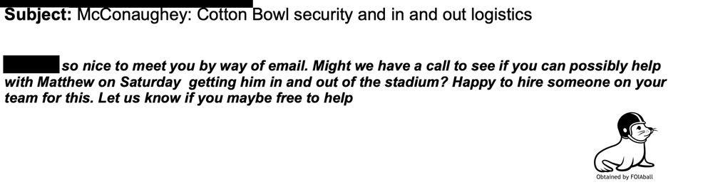 Matthew McConaughey travel coordination email for the Cotton Bowl