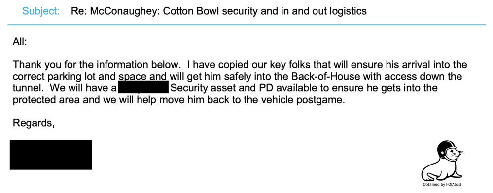 Matthew McConaughey travel coordination email for the Cotton Bowl