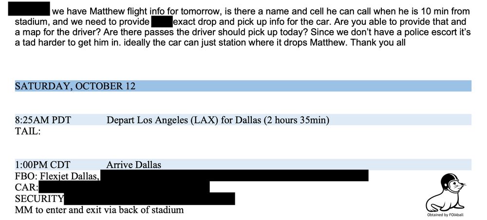 Matthew McConaughey travel coordination email for the Cotton Bowl