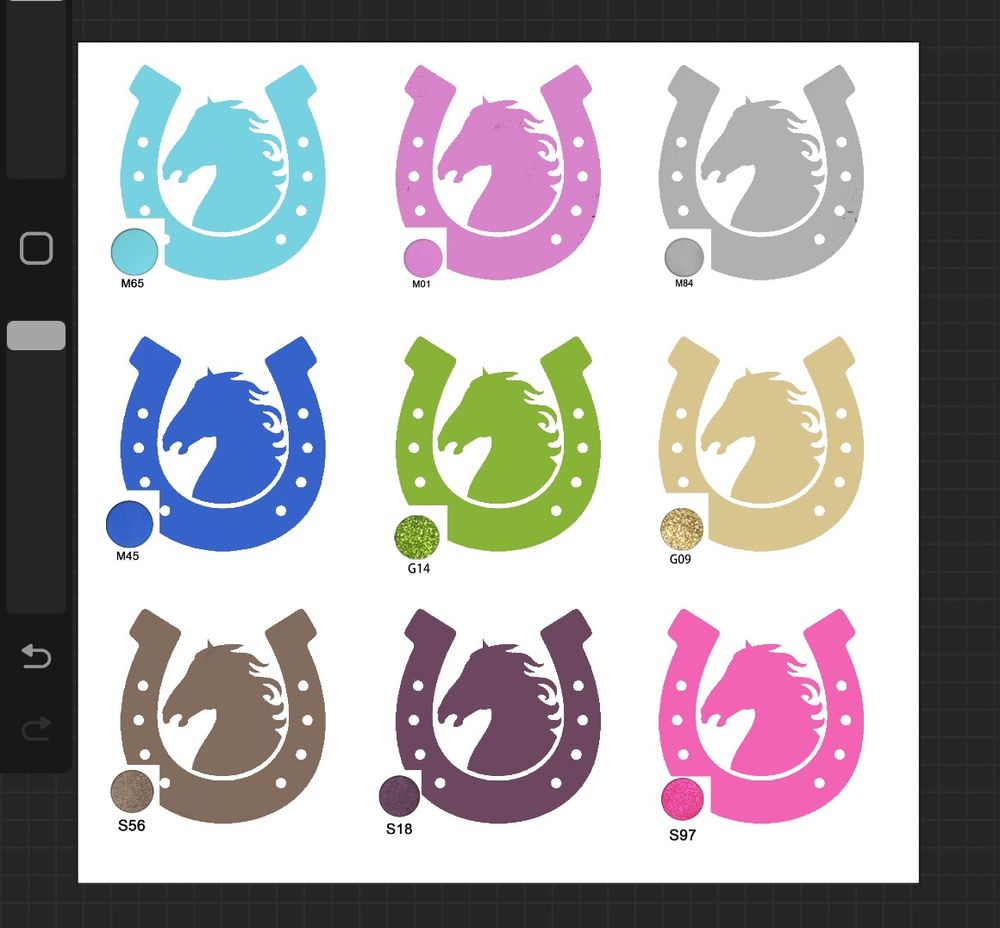 a makeup palette concept, nine colors are included. From left to right: a baby blue, a lavender-pink, silver, cobalt blue, a glittery lime green, a glittery gold, brown, maroon and hot pink. 