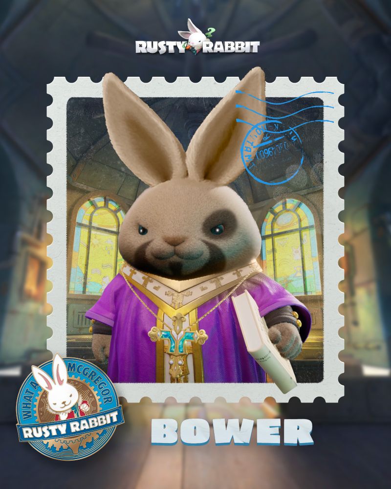 Rusty Rabbit, Bower. A rabbit with a goatee and purple priest robes holding a book in his right paw.