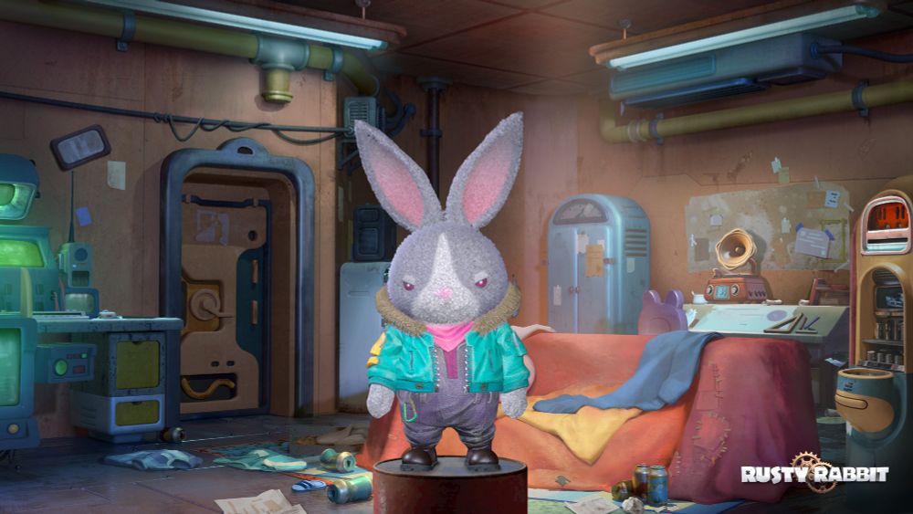 A rabbit with grey fur and a green bomber jacket.
