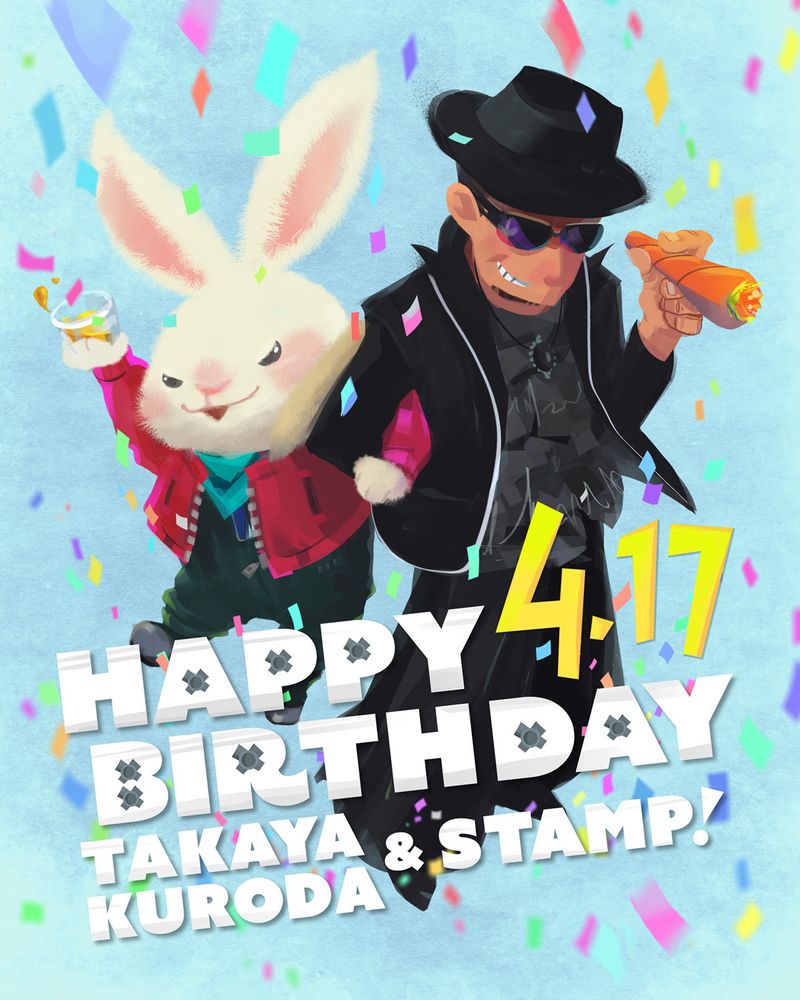 Happy birthday Takaya Kuroda and Stamp! 17 April.
An illustration of two characters. A man wearing a black outfit including shades and a hat, smoking a carrot, and a rabbit rising his glass for a toast. There are multicolored confetti flying around.