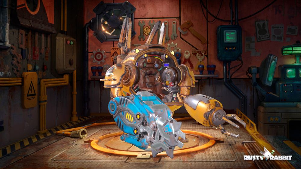 A yellow bipedal mecha standing in a garage. Rusty Rabbit.