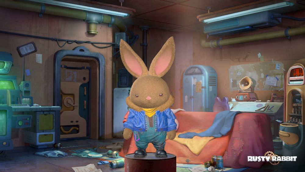A rabbit with borwn fur and a blue bomber jacket.