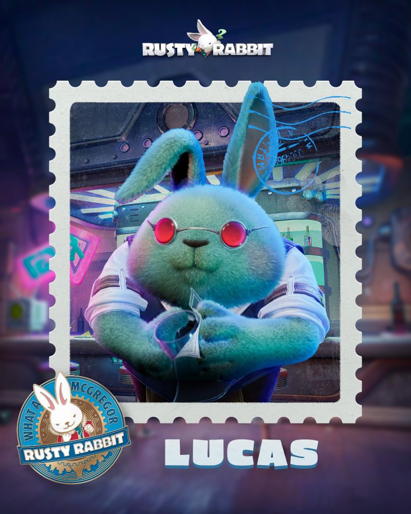 Rusty Rabbit, Lucas. A big rabbit with green fur dressed in a white shirt and black vest, standing behind the counter of his bar. He is wearing red, circular glasses and is polishing a glass with a white cloth.