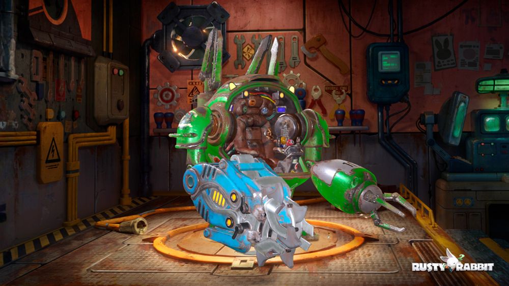 A green bipedal mecha standing in a garage. Rusty Rabbit.
