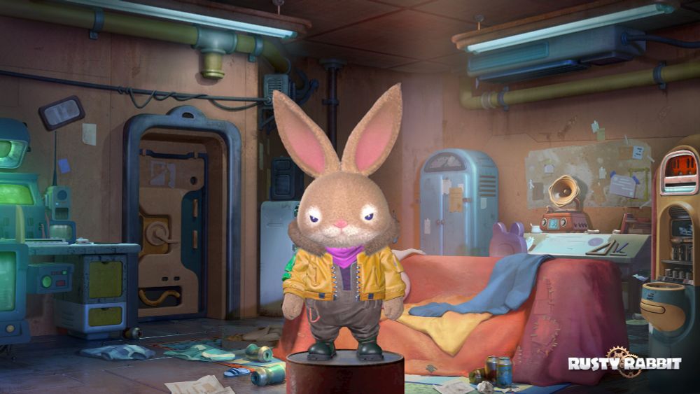 A rabbit with light brown fur and a yellow bomber jacket.