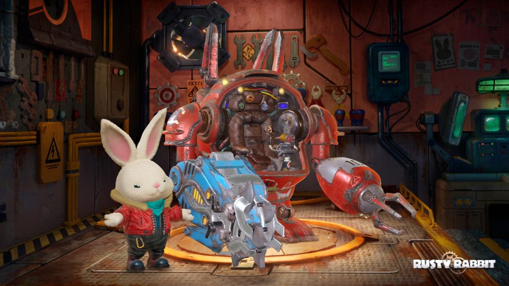 A rabbit and a mecha standing in a garage. Rusty Rabbit.