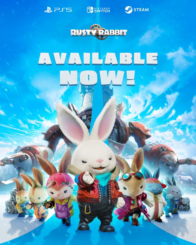 Rusty Rabbit, available now! PS5, Nintendo Switch, Steam. Seven rabbits and a mecha on a cloudy blue sky background.
