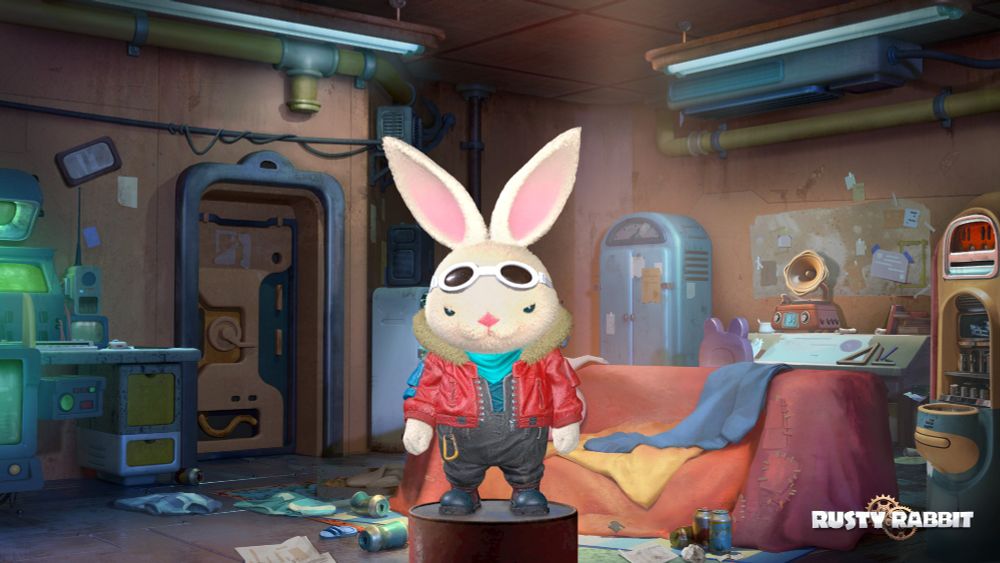 A rabbit with white fur and a red bomber jacket.