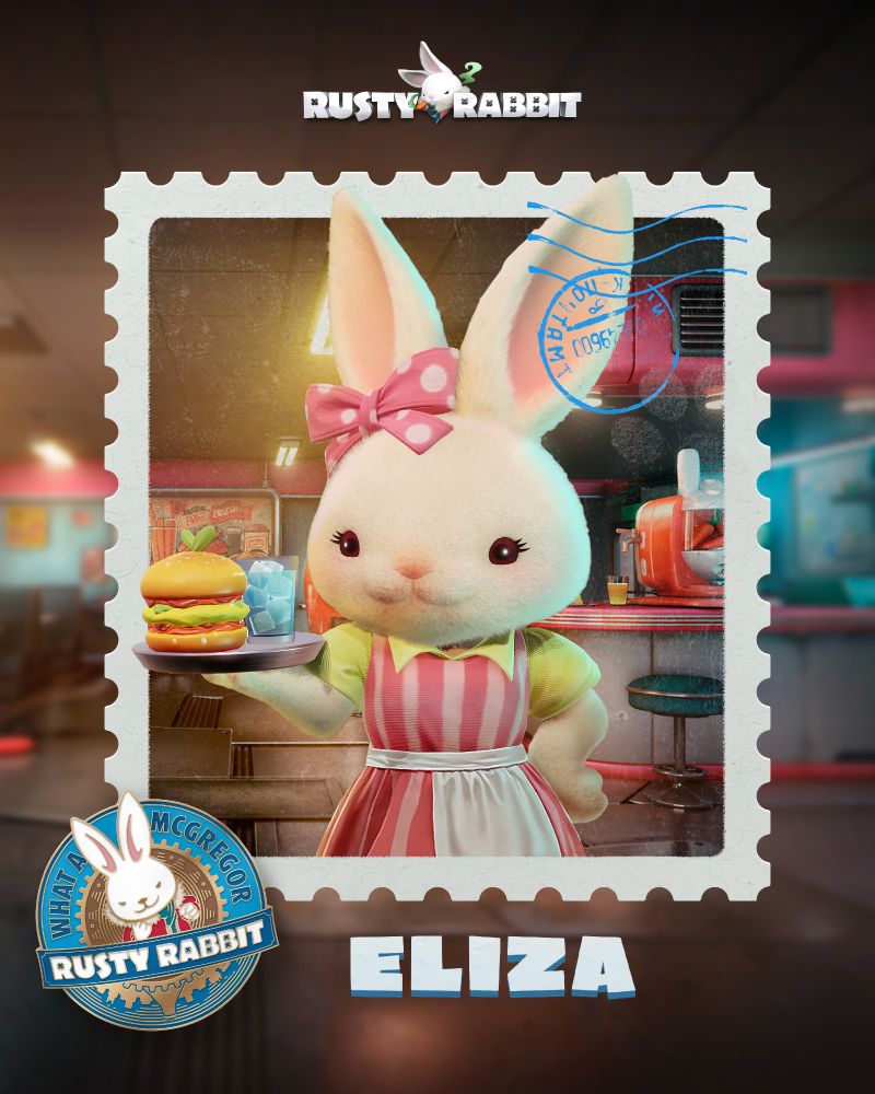Rusty Rabbit, Eliza. A female rabbit with white fur and a pink ribbon holding a burger and a drink on a tray in her right paw.