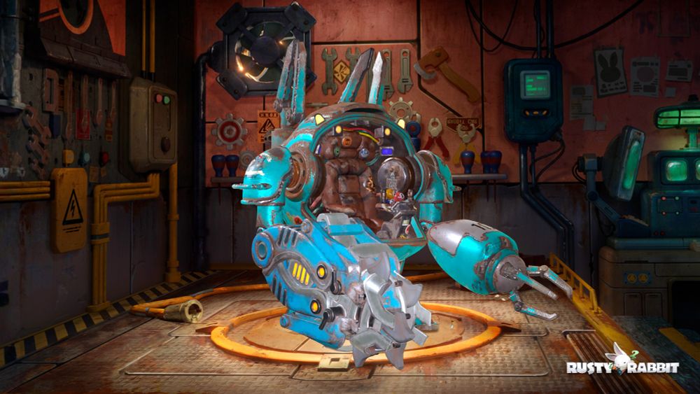 A cyan bipedal mecha standing in a garage. Rusty Rabbit.