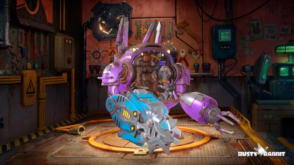 A purple bipedal mecha standing in a garage. Rusty Rabbit.