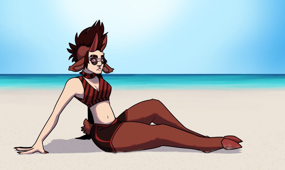 digital drawing of my sona (a faun-like goat demon) sitting on a beach #junksart #junkcubus