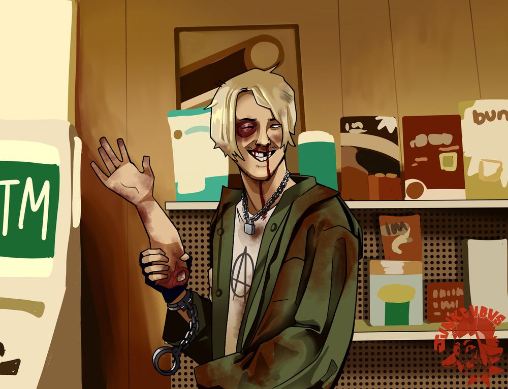 A redrawing of a frame from the music video for Chop Chop by Teenage Disaster, specifically 1:07. Teenage Disaster/Thorne Baker stood in a generic store with a black eye, bloody nose, and covered in blood stains, with handcuffs dangling from his right wrist, waving at the camera with a severed hand he is holding.
#junkcubus #junksart