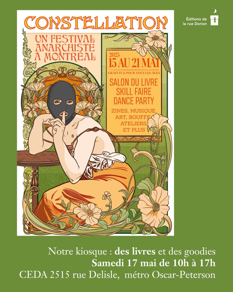 Illustration du poster du festival Constellation. Sur fond vert "nature", des fleurs jaune-beige et un personnage, apparemment assis dans l'herbe, acoudé à une table à café, le visage recouvert d'une gagoule noire et faisant le signe de se taire de la main gauche (l'index devant la bouche).