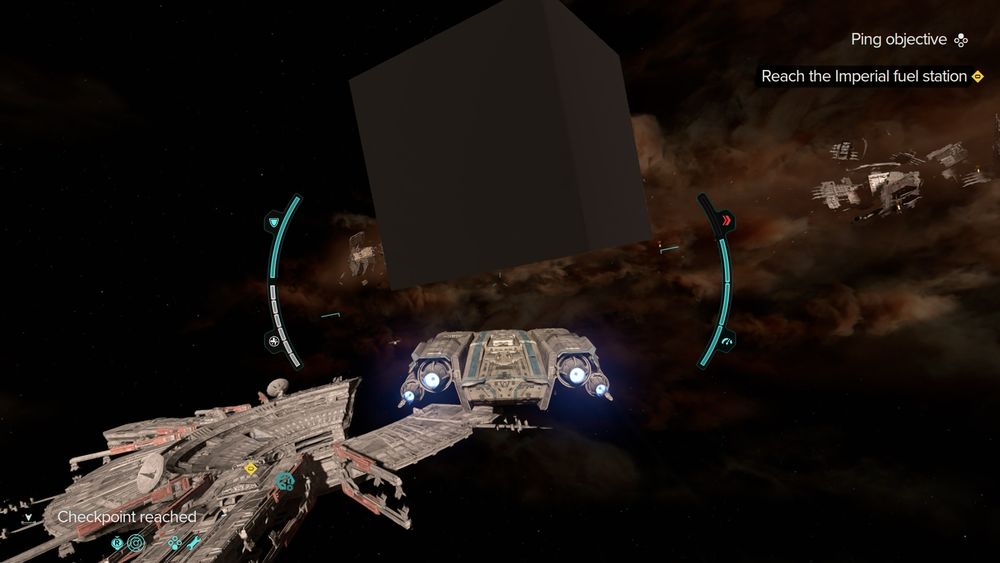 Me flying towards a richly detailed space station in Outlaws and there’s also a big un-textured cube just chilling in front of me