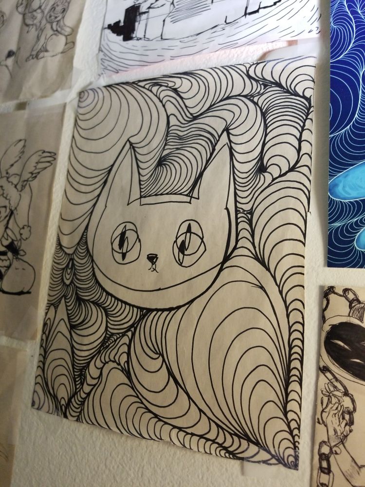 I swear I had a better pic lol
This was all I could find.
Drawn in wrapping paper I used at my retail job at the time, it was a boring day