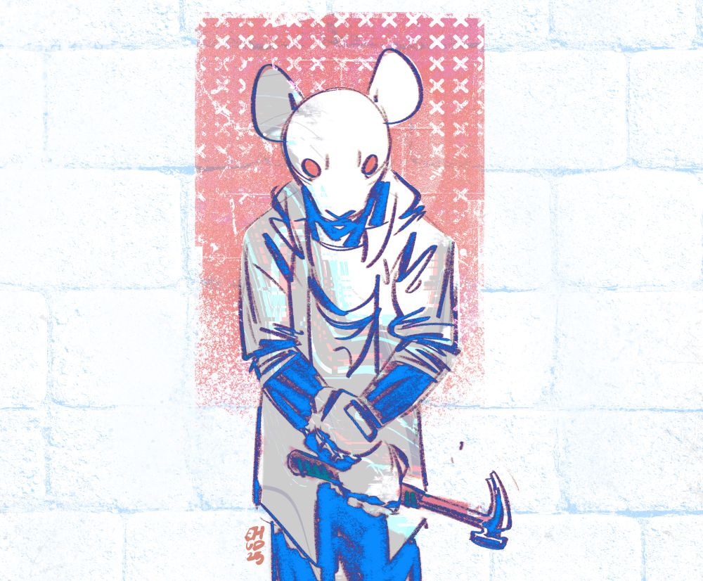 A white anthropomorphic rat standing in front of a brick wall with red paint smeared behind it. It’s holding a hammer in one hand. The red paint is patterned with the letter X. 🎨📺