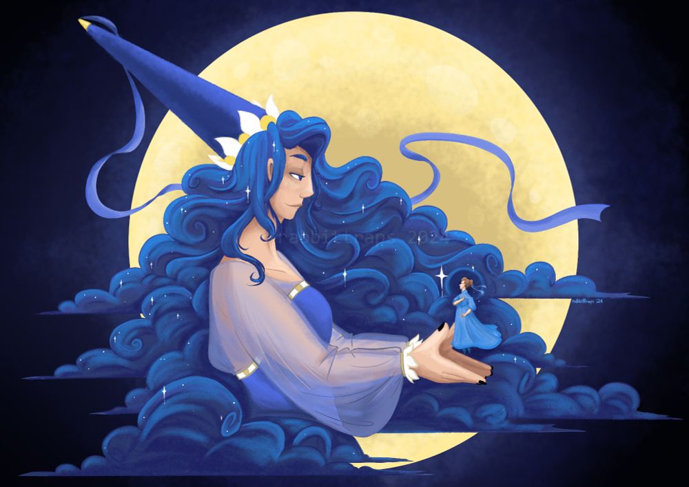 a digital painting of a towering woman in princess clothes, her dark hair flowing out into fluffy clouds, the full moon haloing her. she holds out her hands, and a woman in a blue dress stands in her palms.