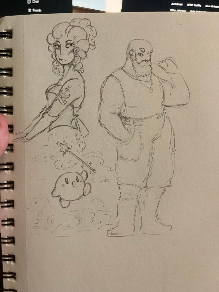 a sketchbook page of rough pencil drawings. there’s an aging burlesque girl, a bearded man, and kirby with a magic wand.