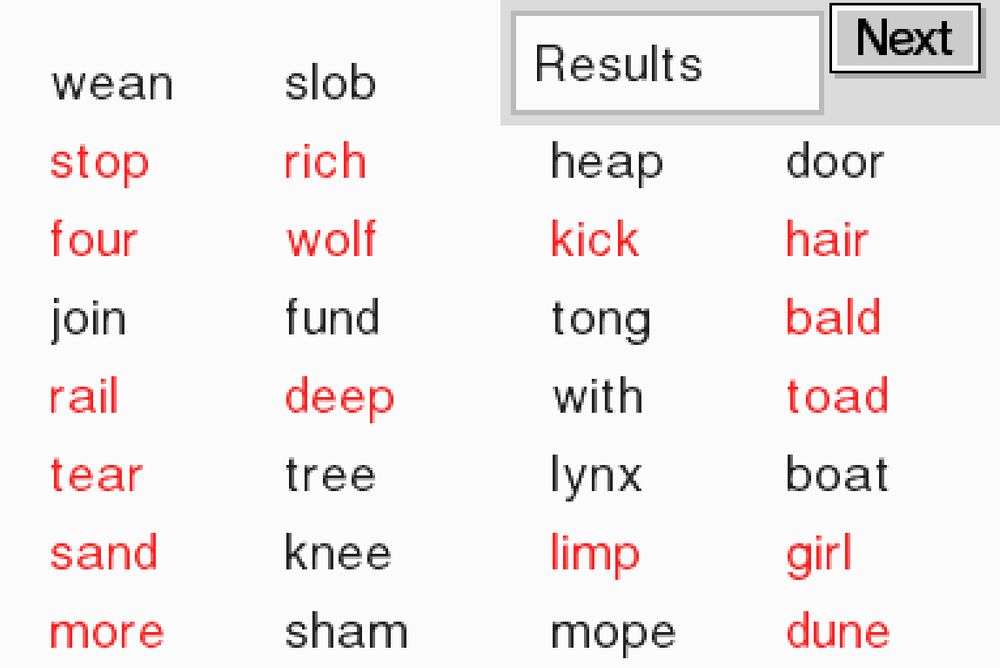 A screenshot of Brain Age (DS, 2005), showing i successfully memorized 16 out of 30 words in Word Memory