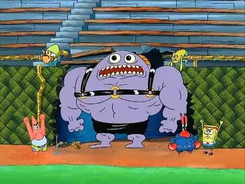 A screenshot from Spongebob Squarepants. A large, purple fish who has just broken through a wall is standing between Patrick, Mr. Krabs, Spongebob, and two other fish. His mouth is open as if he's yelling.
