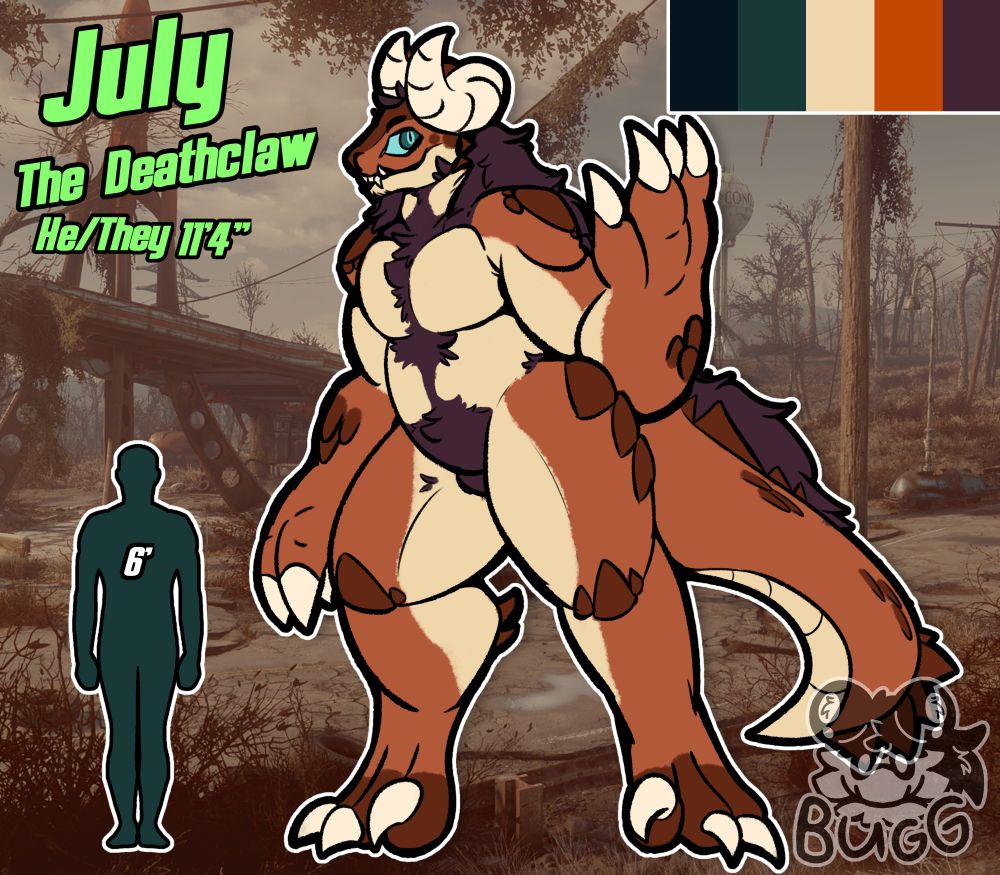 This is a reference sheet of an anthropomorphic version of a deathclaw from the fallout series. They stand at around 11 feet 4 inches tall, they have brown, orange, and tan scales with purple accenting fur around their neck, chest, and tail.