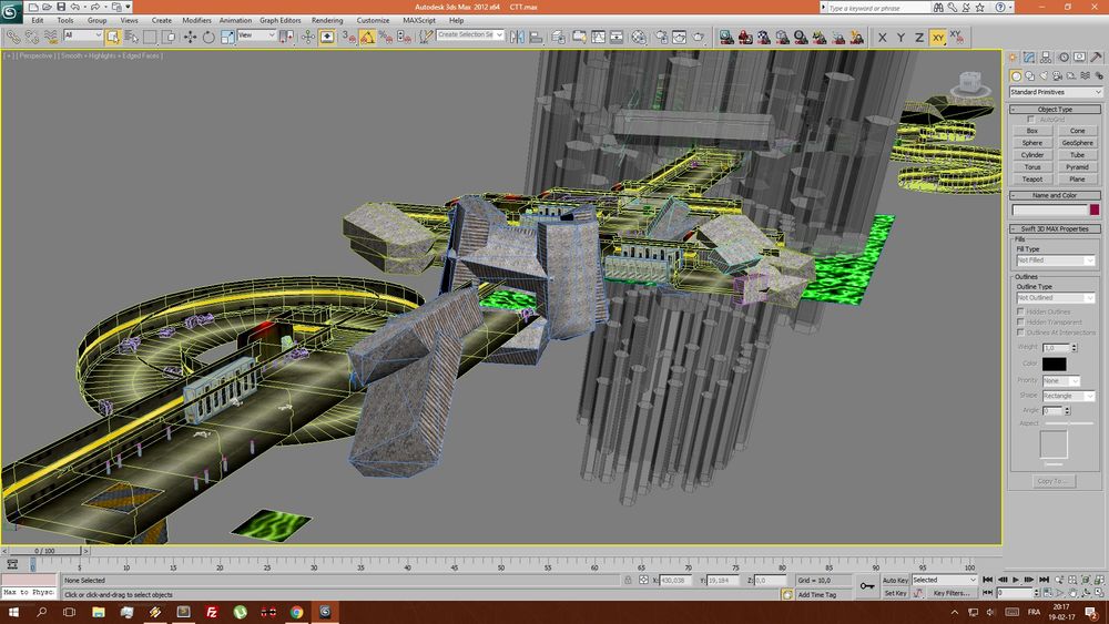 Screenshot of 3ds Max 2012 with a 3D scene of a fan-made race for Carmageddon 2, using textures and assets from the base game.
