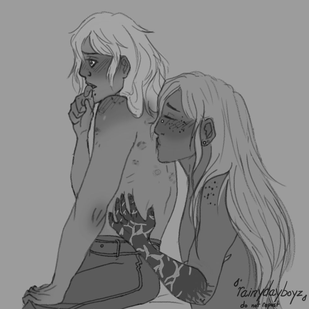 Greyscale picture. Mhin from Touchstarved game sitting up tense, clutching pants fabric and biting finger while blushing furiously. Carmine is behind them kissing their hickey-covered back. His discolored hand holds their side. 
