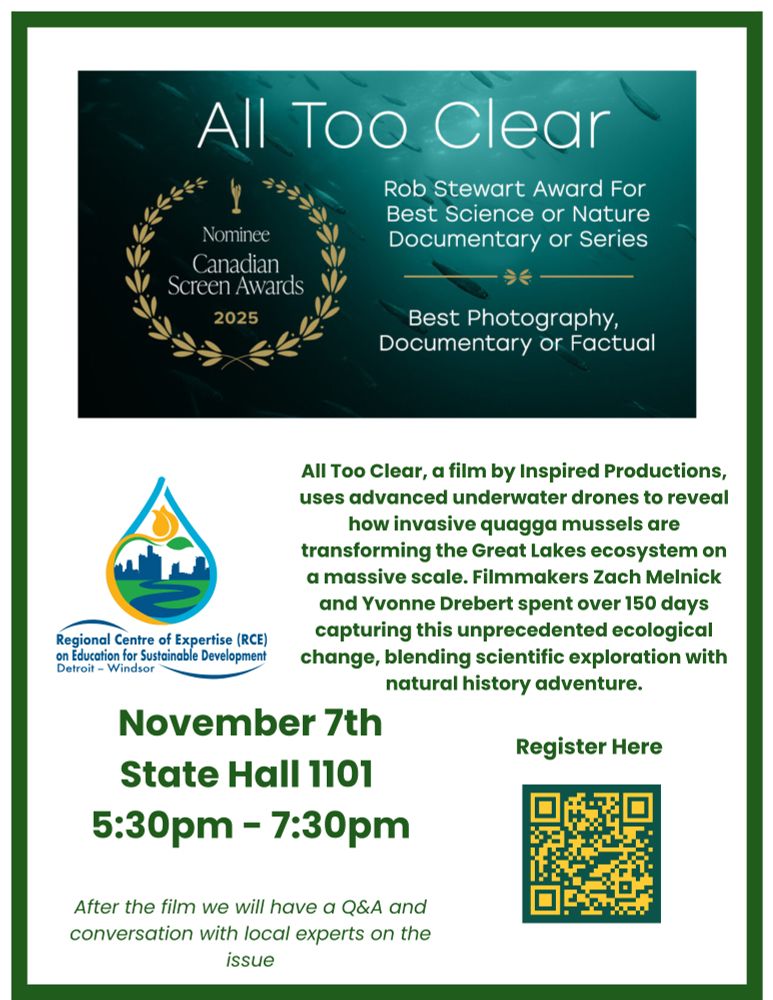 Flyer for the "All Too Clear" film screening at Wayne State University, Detroit in 1101 State Hall from 530-730 pm