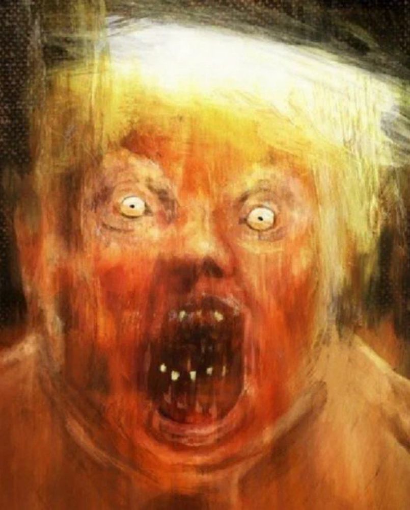 Trump as he knows himself to be deep in his withered excuse for a soul: a horrifying lidless-eyed, ravening-toothed Trump monster.