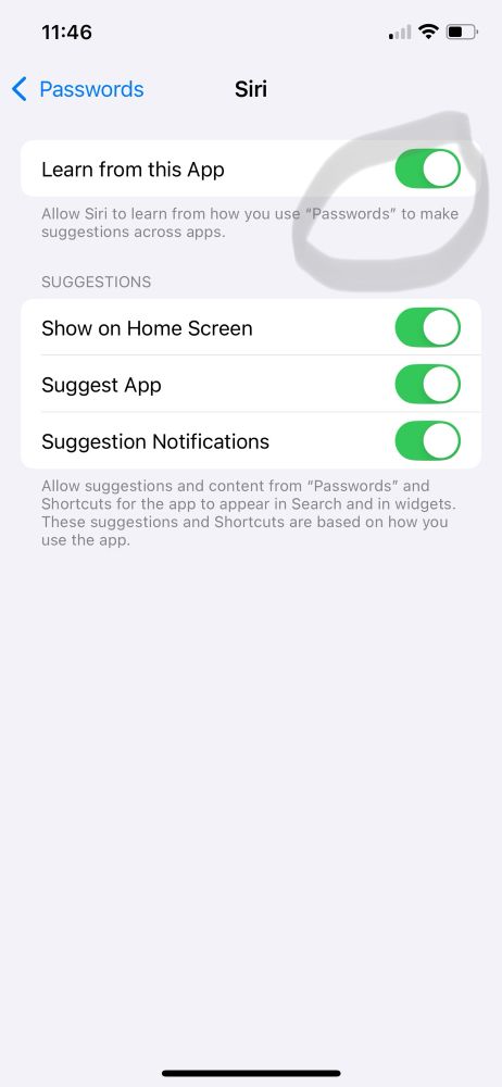 Screenshot of a phone setting highlighting the “learn from this app” invasion of privacy, courtesy of Siri, toggled on. The app is a password manager, which is concerning. 