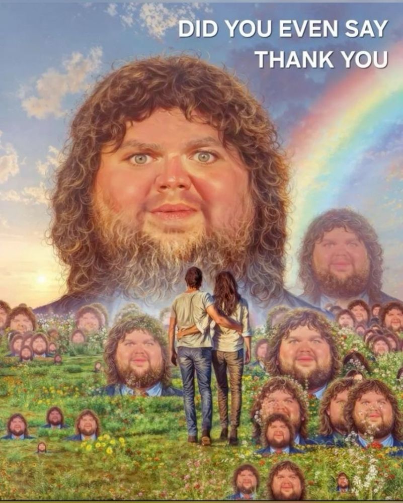 a round faced a long, curly haired JD Vance is repeated over and over on a field with a rainbow and the words DID YOU EVEN SAY THANK YOU