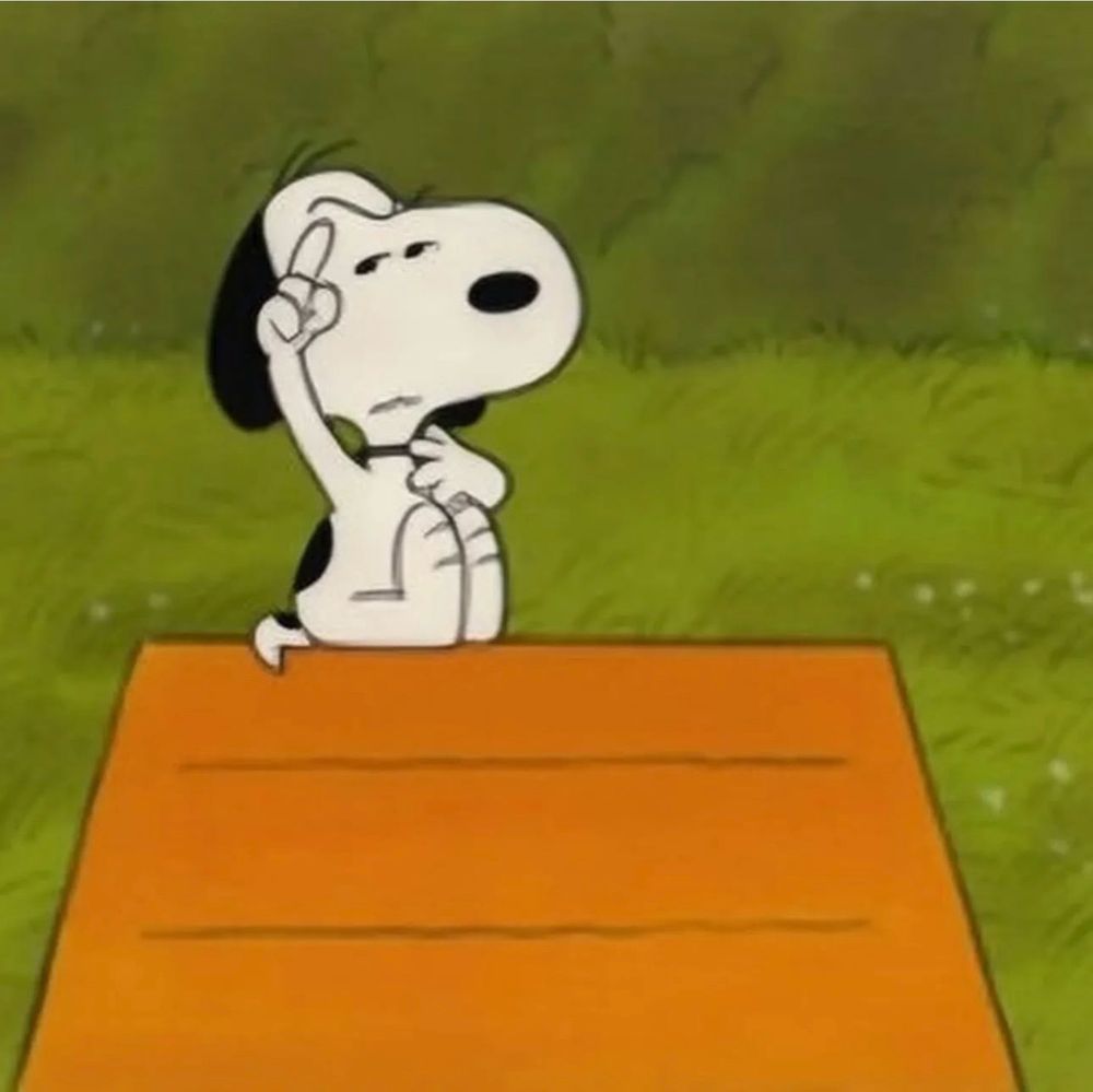 Snoopy sits upon his house, giving side eye and pointing a paw towards one raised brow.
If not necessarily disgruntled, he is far from gruntled. 