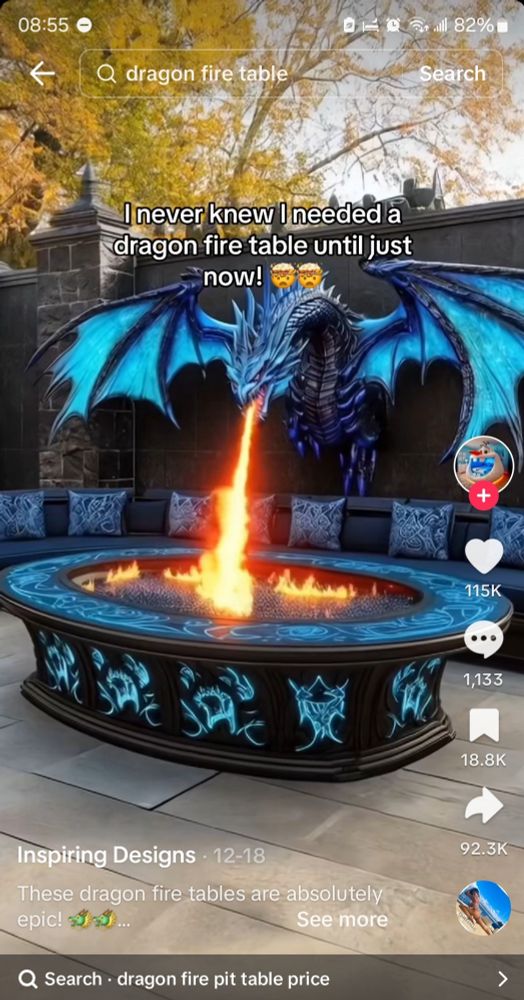 Ai generated dragon fire pit table advertisement. Misleading product ad on tiktok.