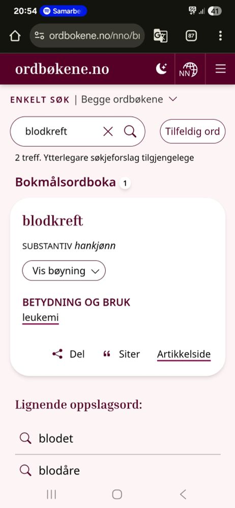 Skjermbilde fra ordbøkene.no etter klikk på tilfeldig  ord. Ordet som dukket opp var blodkreft