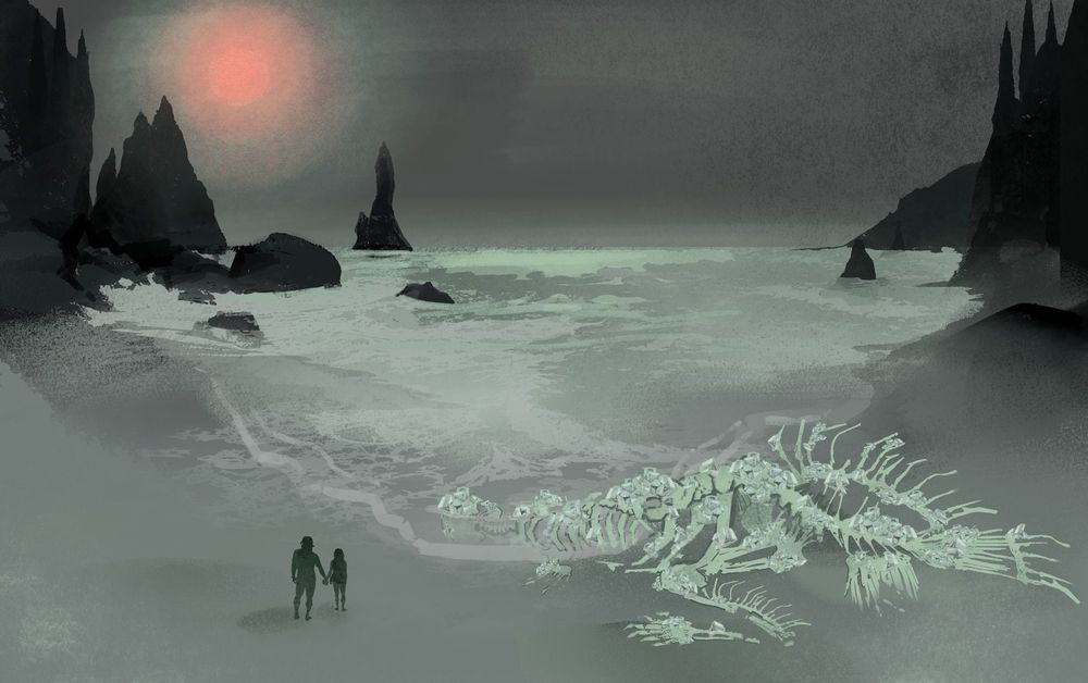 A sterile island inspired by "Die toteninsel" from Bocklin, Bloodborne's fishing hamlet and  Death Stranding's beach.

On the shore an inhumane skeleton is washed up, its bones crystalized by salt. Next to the carcass is two silhouettes holding hands and looking at the horizon beyond the sea.

Everything is colored in grey, blue and green hues except for a reddish sun.
