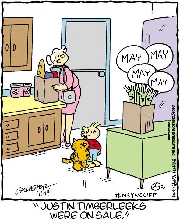 Comic strip: Grandma Nutmeg puts down a bag of groceries in the kitchen. Heathcliff and Iggy look at a bag full of leeks on the table. The leeks have curly leaves, they’re all saying “May.” Grandma explains, “Justin Timberleeks were on sale.” #nsyncliff 