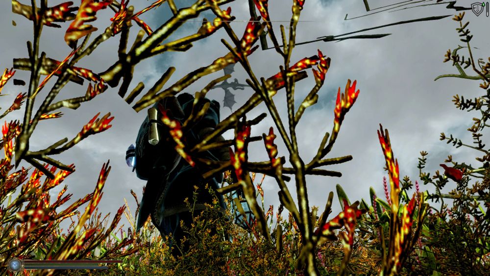 A modded Skyrim screenshot, with a giant flying around on a dragon's back somehow due to some quirk with the physics engine and sheer luck.