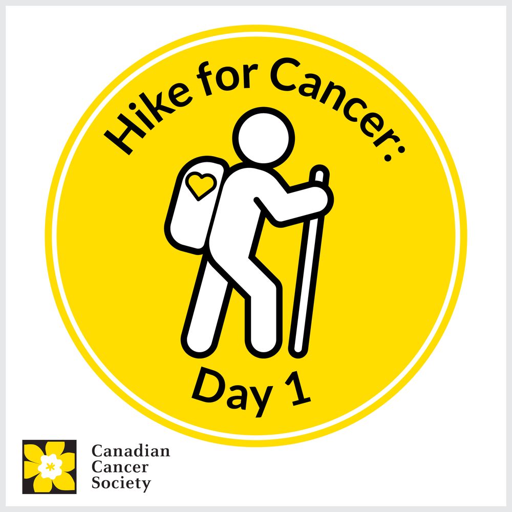 Hike for Cancer Day 1. Graphic image with a hiker figure with backpack and stick.