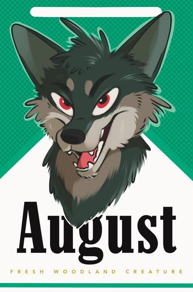 a sassy grey fox on a marlboro menthols box as a con badge
it reads:
August
fresh woodland creature 