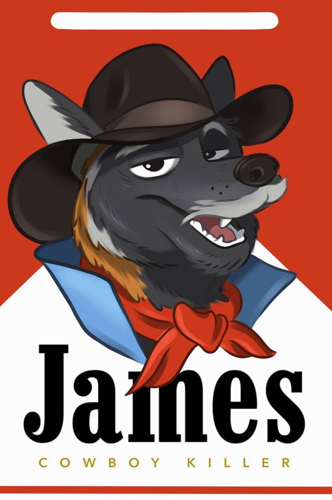 a  handsome cowboy canine on a marlboro reds box as a con badge
it reads:
James
cowboy killer